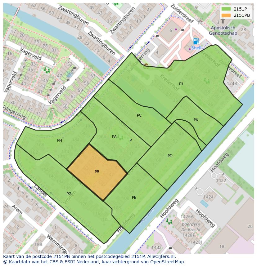 Afbeelding van het postcodegebied 2151 PB op de kaart.