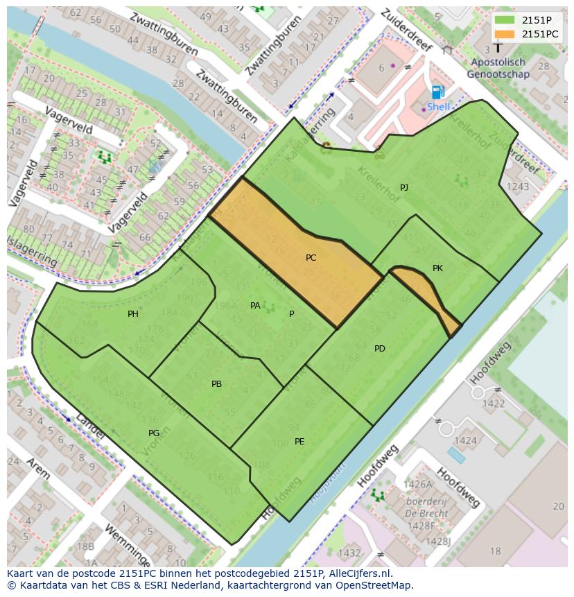 Afbeelding van het postcodegebied 2151 PC op de kaart.