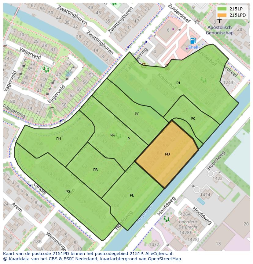 Afbeelding van het postcodegebied 2151 PD op de kaart.