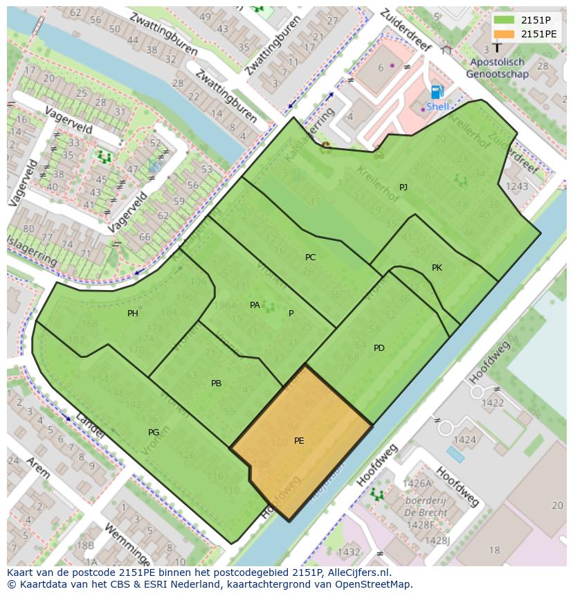 Afbeelding van het postcodegebied 2151 PE op de kaart.