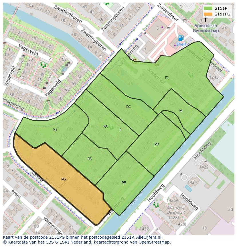 Afbeelding van het postcodegebied 2151 PG op de kaart.