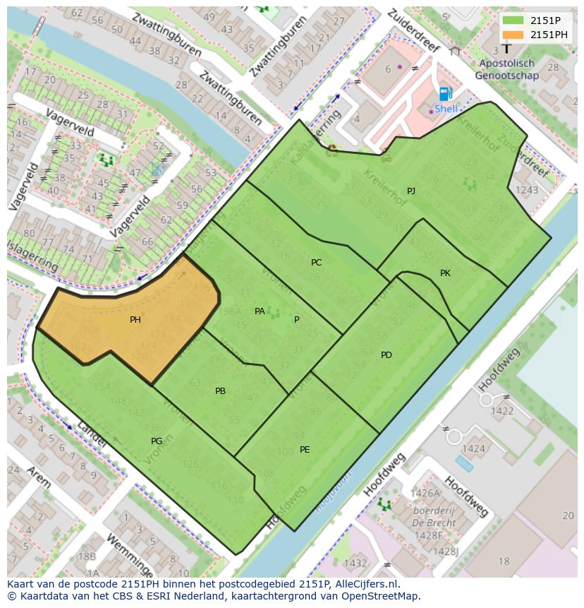 Afbeelding van het postcodegebied 2151 PH op de kaart.