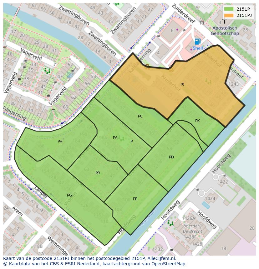 Afbeelding van het postcodegebied 2151 PJ op de kaart.