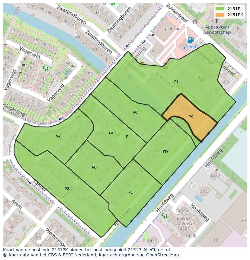 Afbeelding van het postcodegebied 2151 PK op de kaart.