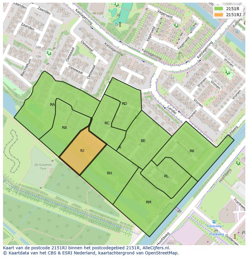 Afbeelding van het postcodegebied 2151 RJ op de kaart.