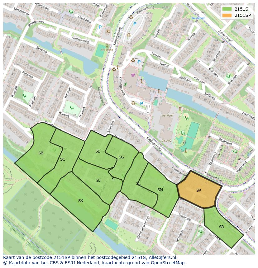 Afbeelding van het postcodegebied 2151 SP op de kaart.