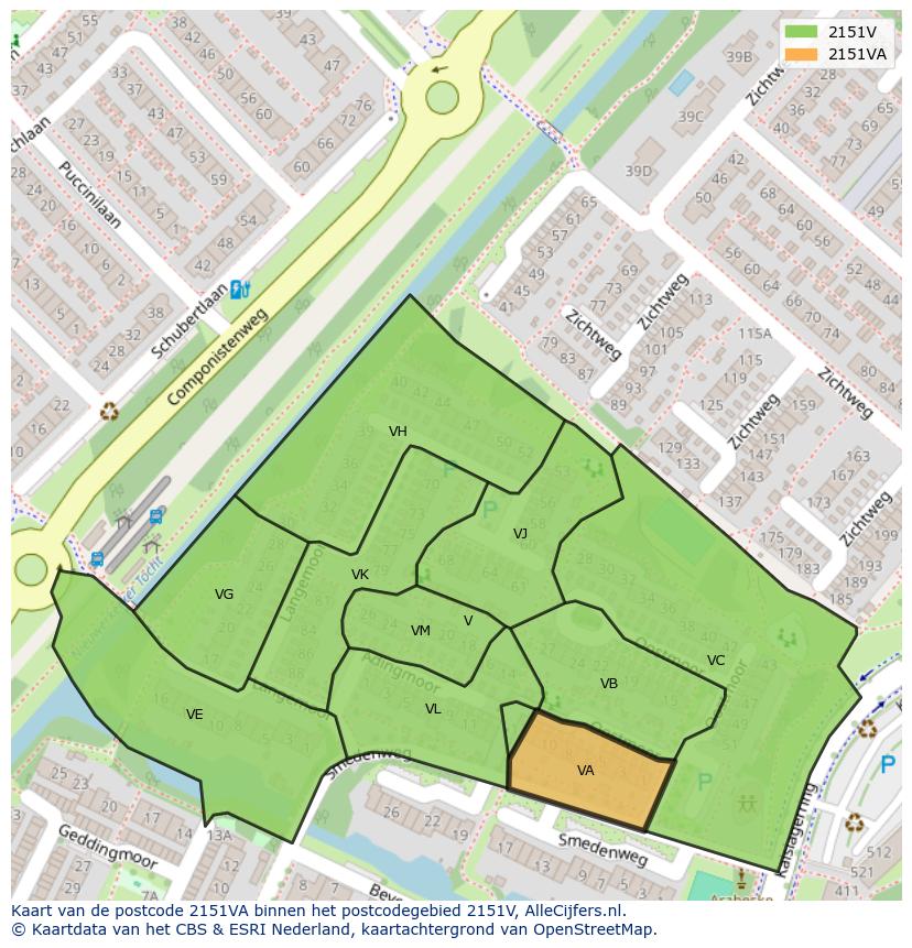 Afbeelding van het postcodegebied 2151 VA op de kaart.