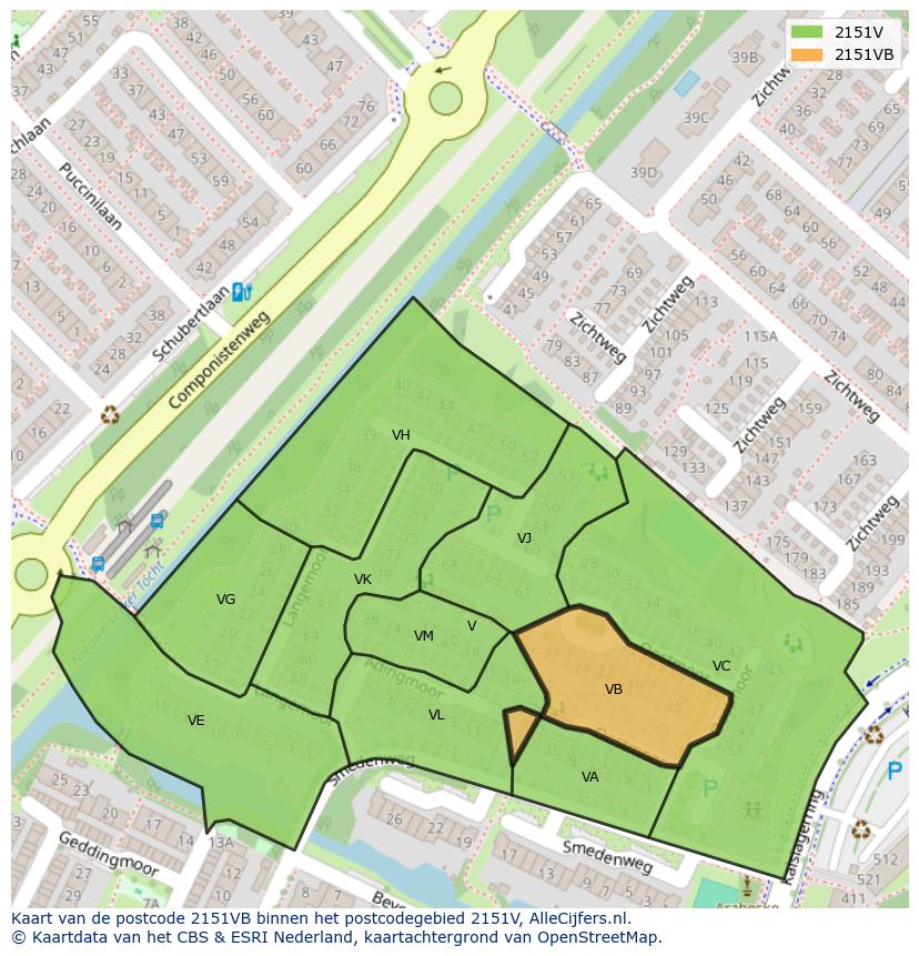 Afbeelding van het postcodegebied 2151 VB op de kaart.