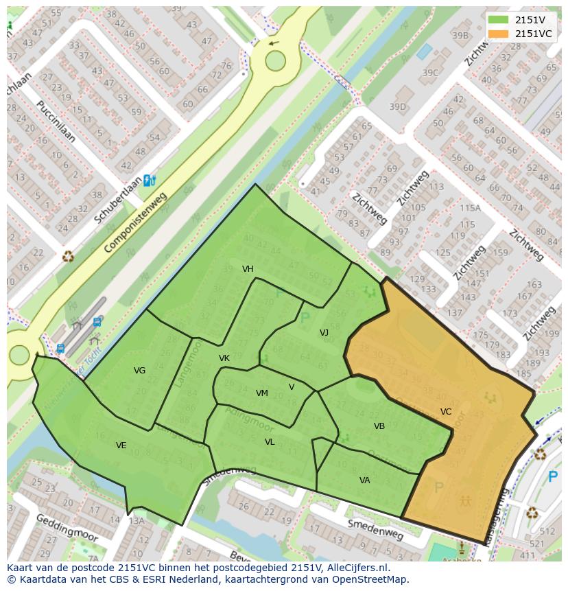 Afbeelding van het postcodegebied 2151 VC op de kaart.