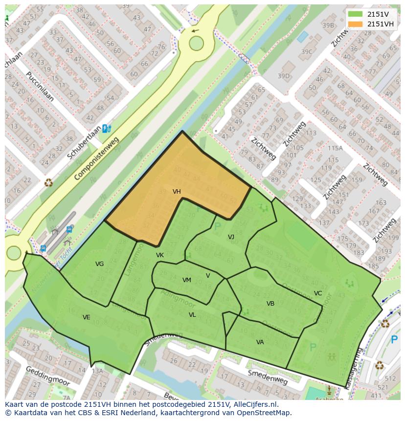 Afbeelding van het postcodegebied 2151 VH op de kaart.