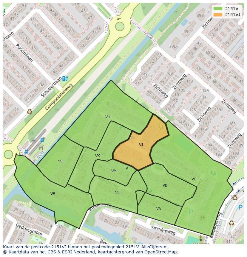 Afbeelding van het postcodegebied 2151 VJ op de kaart.