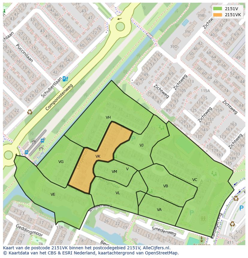 Afbeelding van het postcodegebied 2151 VK op de kaart.