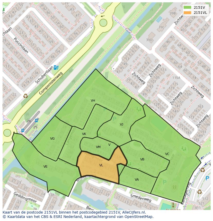 Afbeelding van het postcodegebied 2151 VL op de kaart.