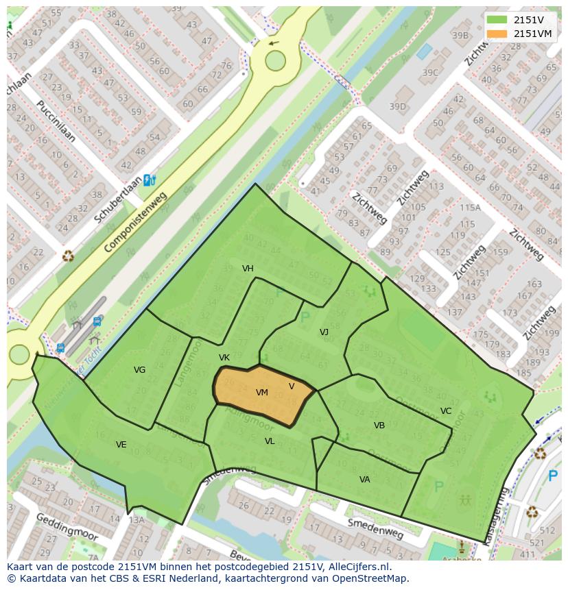 Afbeelding van het postcodegebied 2151 VM op de kaart.