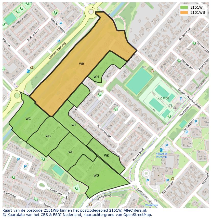 Afbeelding van het postcodegebied 2151 WB op de kaart.