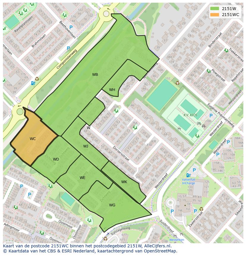 Afbeelding van het postcodegebied 2151 WC op de kaart.