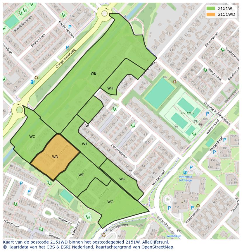 Afbeelding van het postcodegebied 2151 WD op de kaart.