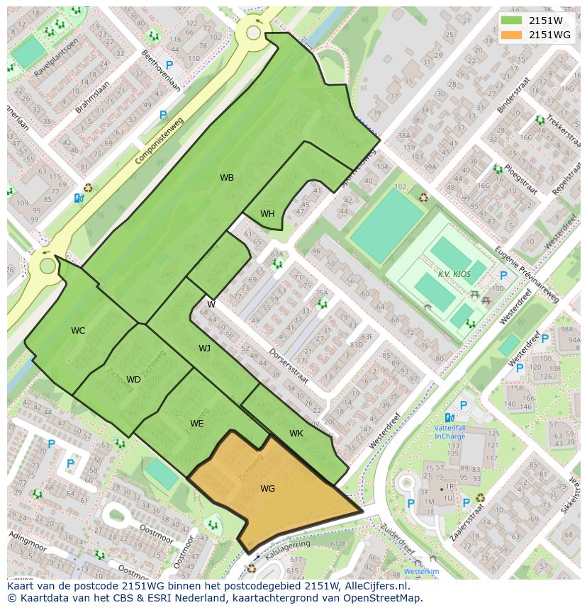Afbeelding van het postcodegebied 2151 WG op de kaart.