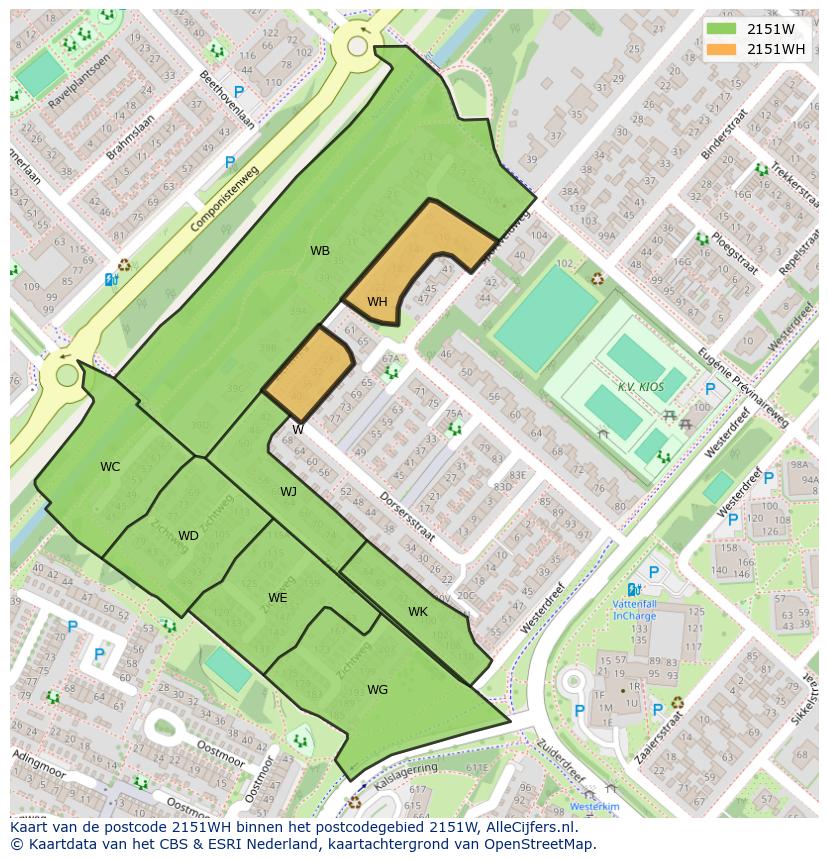 Afbeelding van het postcodegebied 2151 WH op de kaart.