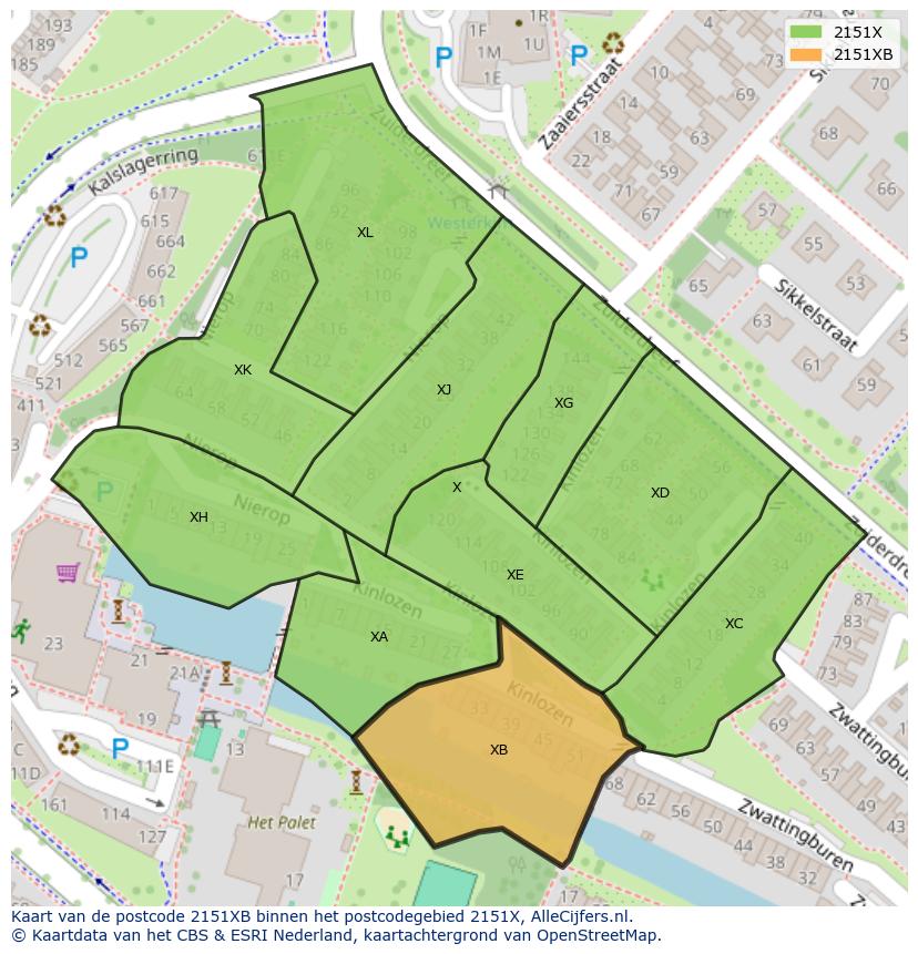 Afbeelding van het postcodegebied 2151 XB op de kaart.