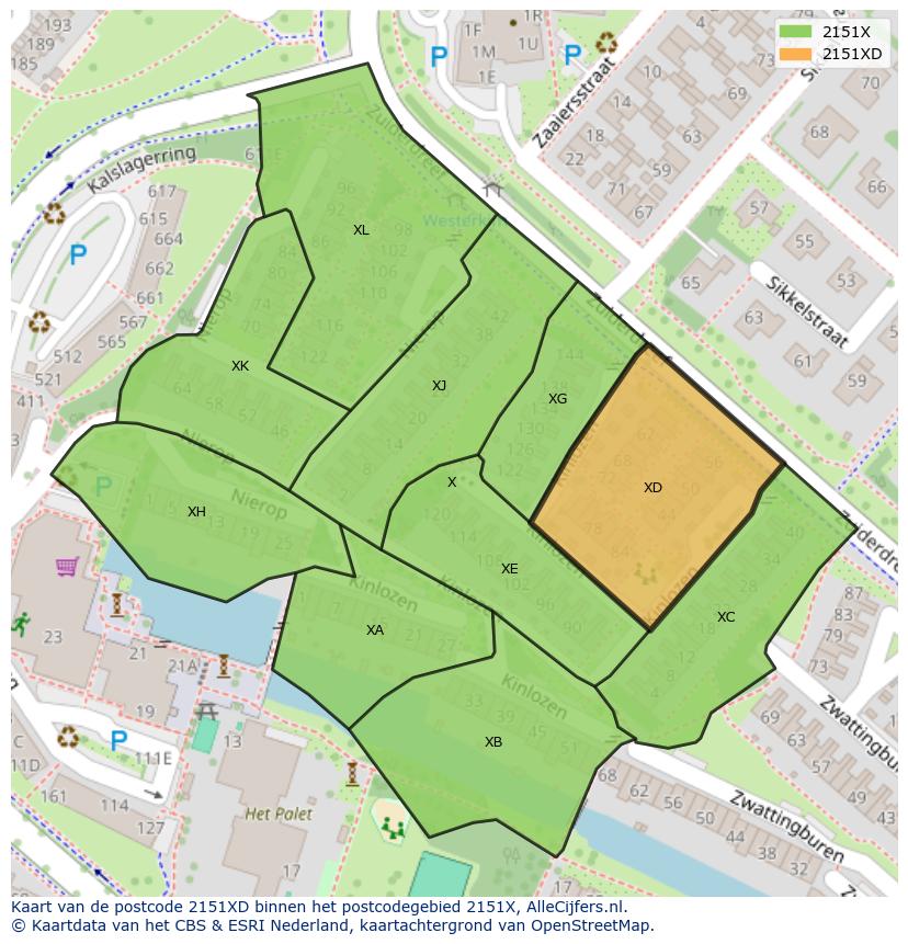 Afbeelding van het postcodegebied 2151 XD op de kaart.