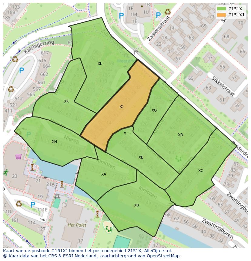 Afbeelding van het postcodegebied 2151 XJ op de kaart.
