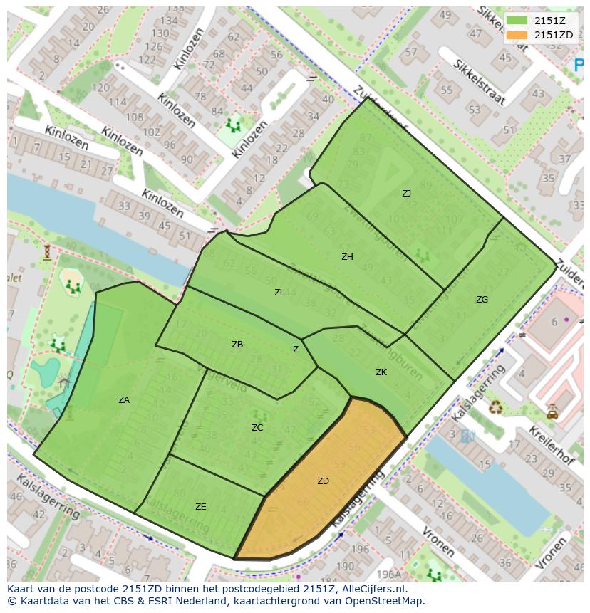 Afbeelding van het postcodegebied 2151 ZD op de kaart.