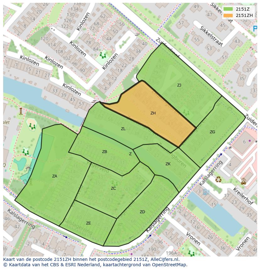 Afbeelding van het postcodegebied 2151 ZH op de kaart.