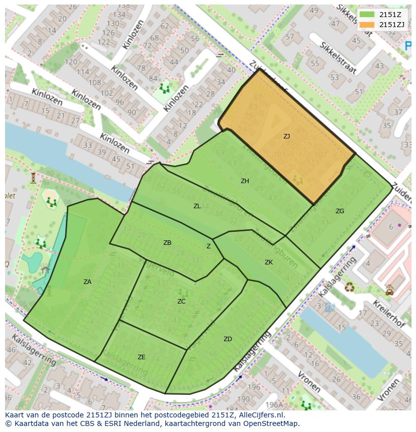 Afbeelding van het postcodegebied 2151 ZJ op de kaart.