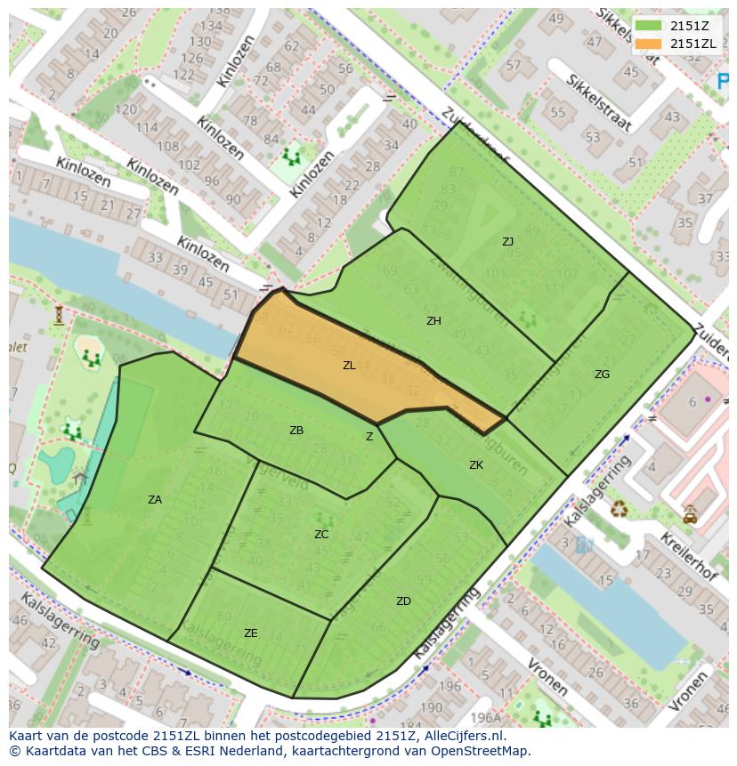 Afbeelding van het postcodegebied 2151 ZL op de kaart.