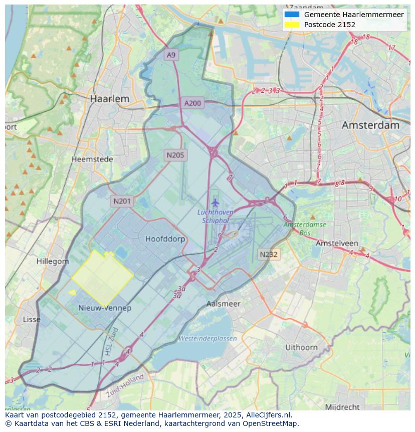Afbeelding van het postcodegebied 2152 op de kaart.