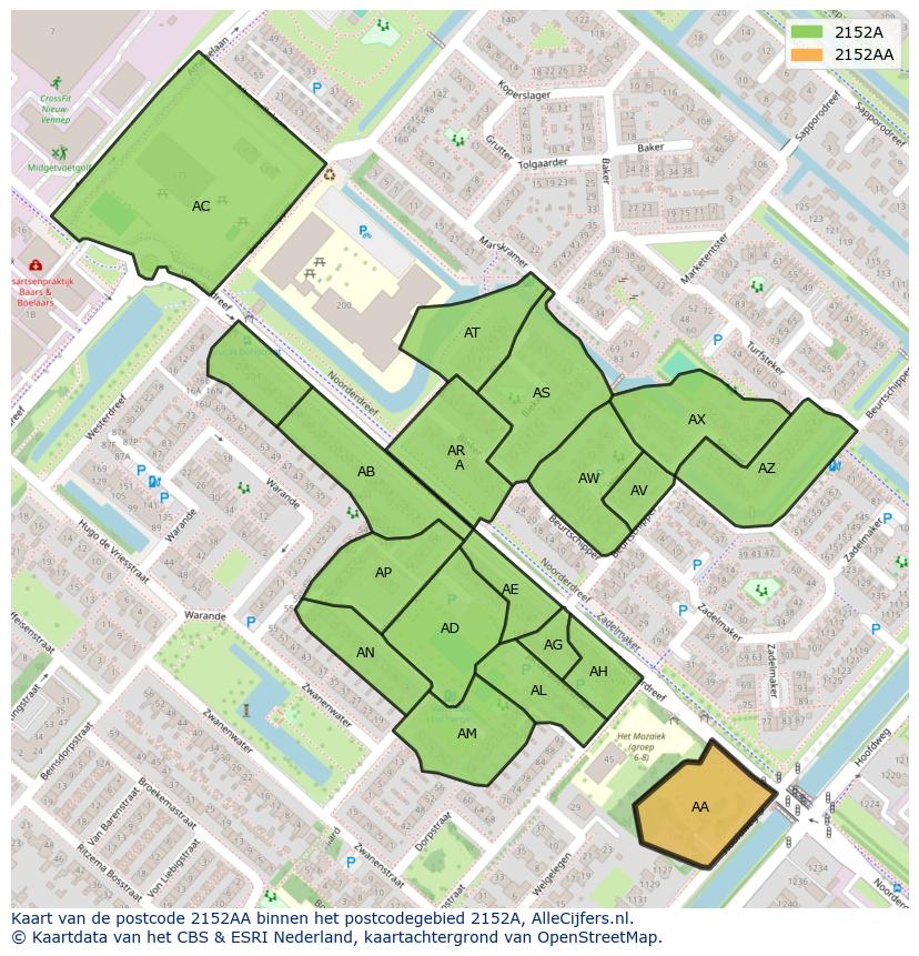 Afbeelding van het postcodegebied 2152 AA op de kaart.