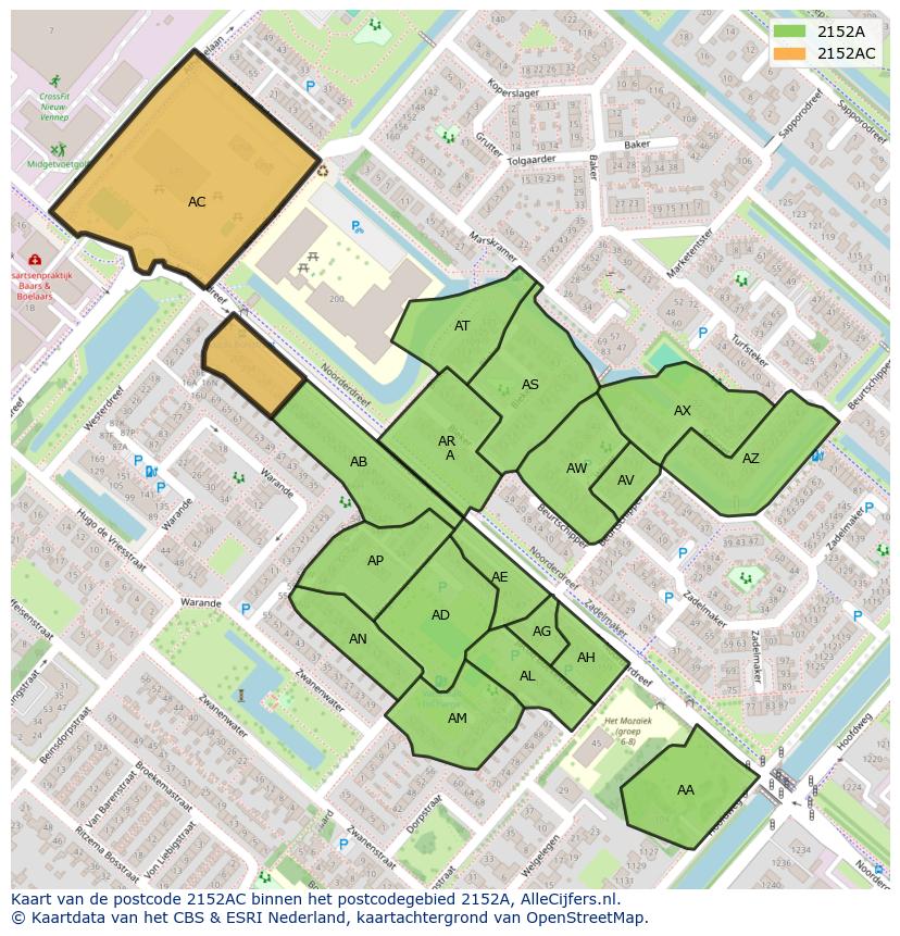 Afbeelding van het postcodegebied 2152 AC op de kaart.