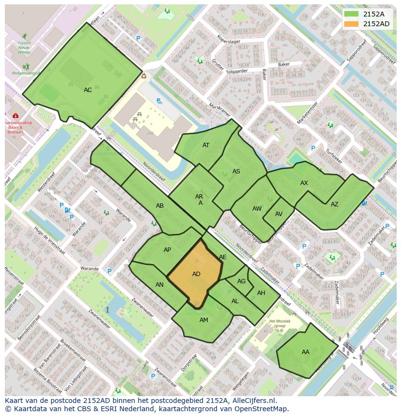 Afbeelding van het postcodegebied 2152 AD op de kaart.