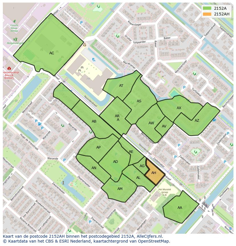 Afbeelding van het postcodegebied 2152 AH op de kaart.
