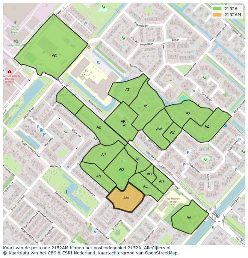 Afbeelding van het postcodegebied 2152 AM op de kaart.