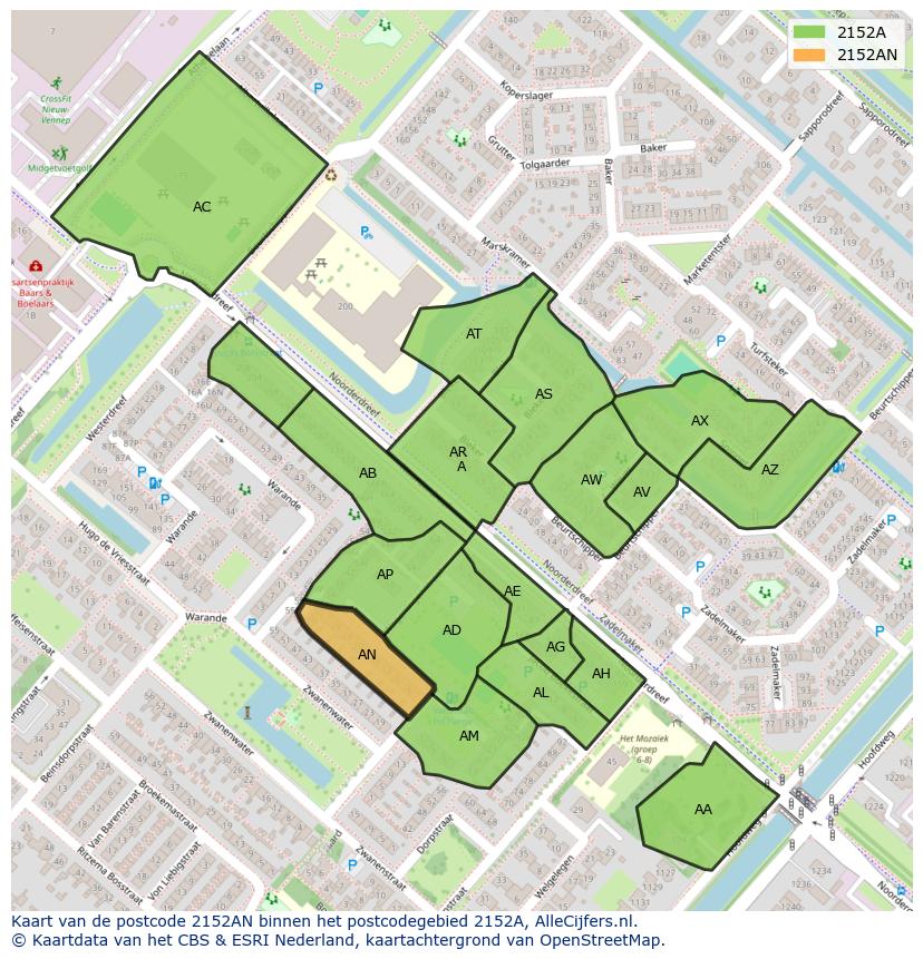 Afbeelding van het postcodegebied 2152 AN op de kaart.