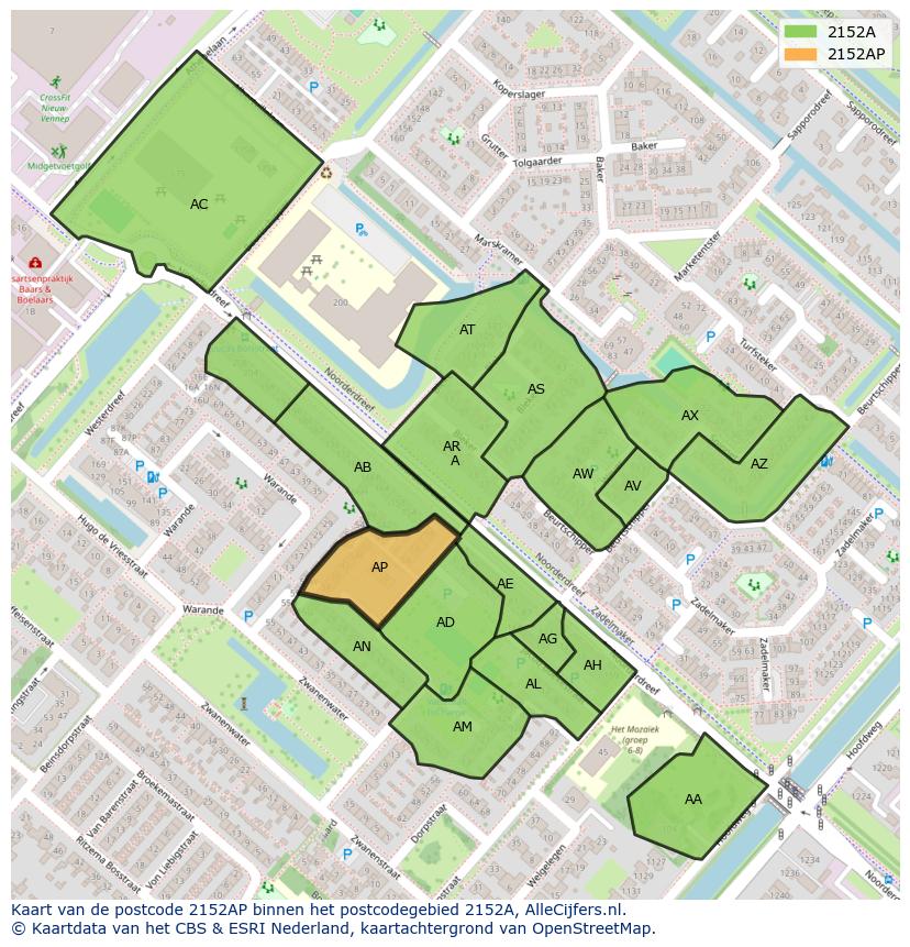 Afbeelding van het postcodegebied 2152 AP op de kaart.