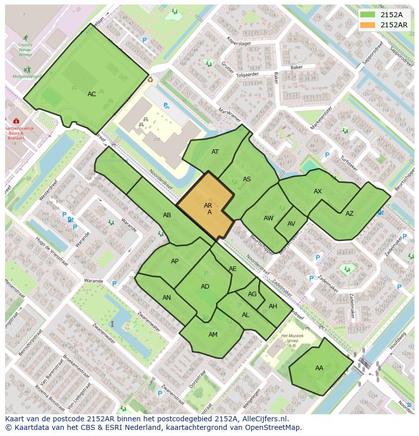 Afbeelding van het postcodegebied 2152 AR op de kaart.