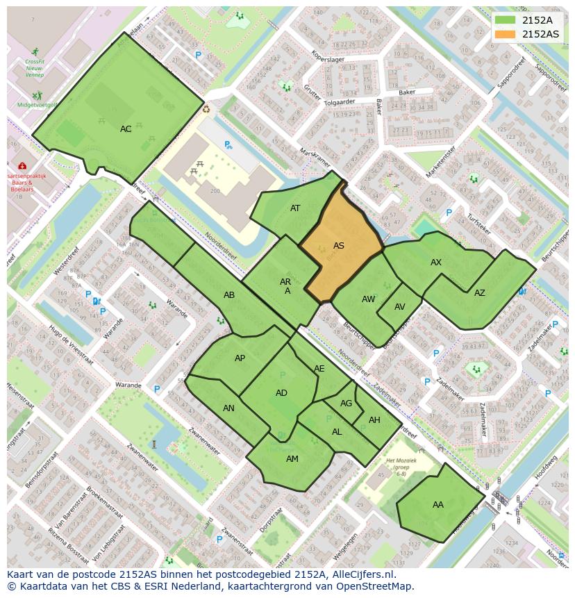 Afbeelding van het postcodegebied 2152 AS op de kaart.