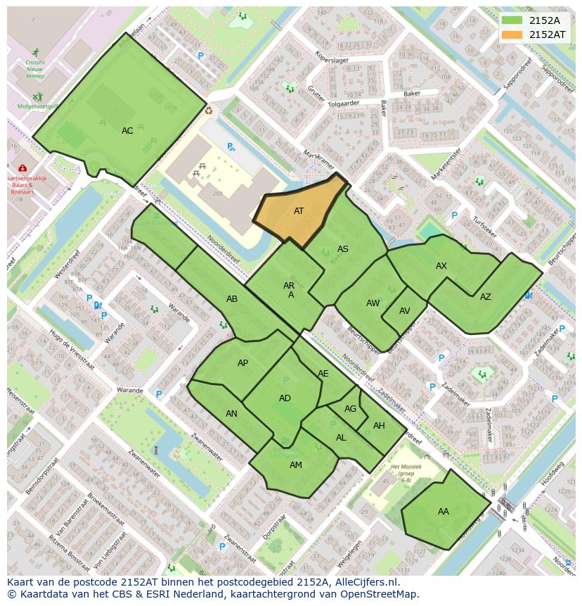 Afbeelding van het postcodegebied 2152 AT op de kaart.