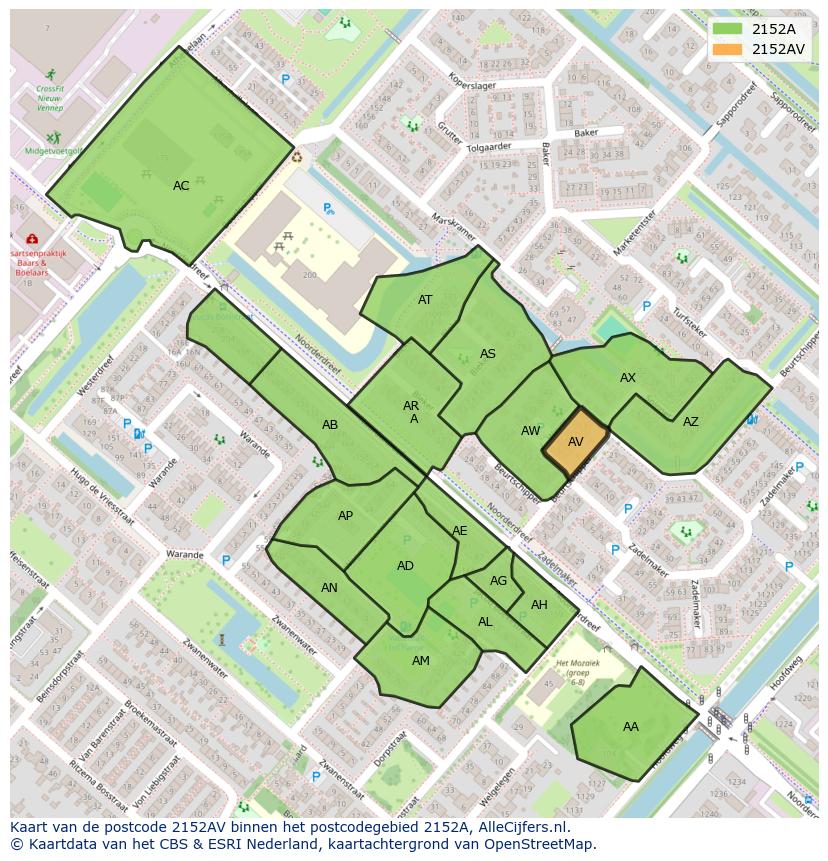 Afbeelding van het postcodegebied 2152 AV op de kaart.