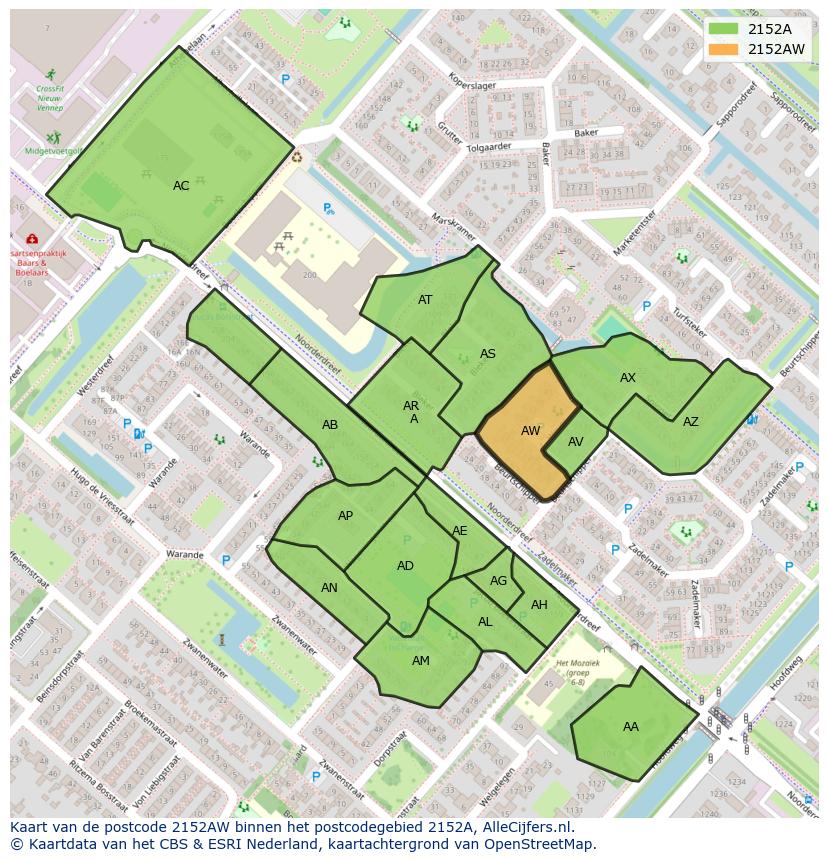 Afbeelding van het postcodegebied 2152 AW op de kaart.