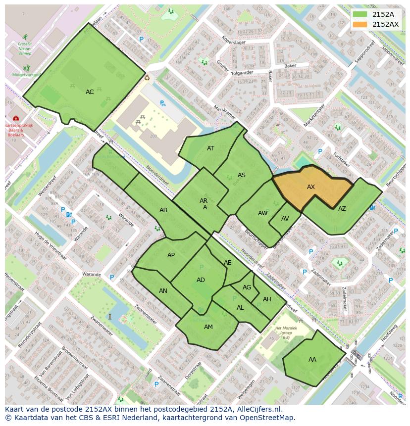 Afbeelding van het postcodegebied 2152 AX op de kaart.