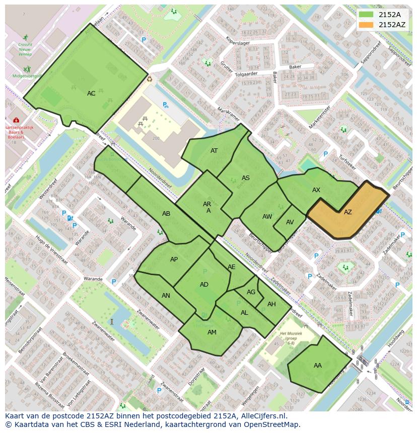 Afbeelding van het postcodegebied 2152 AZ op de kaart.