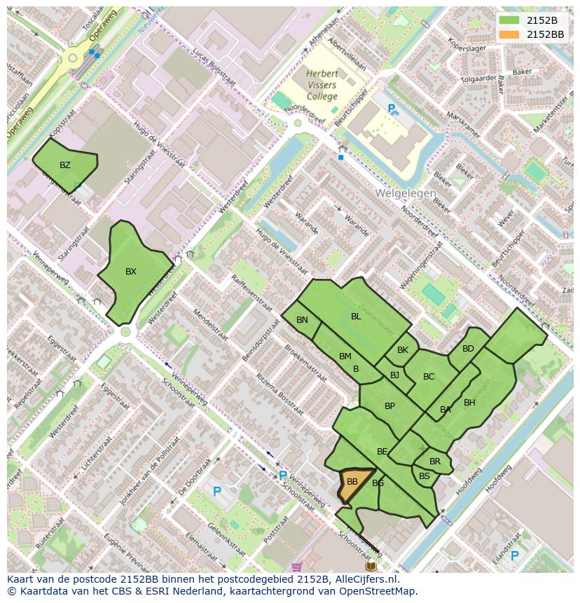 Afbeelding van het postcodegebied 2152 BB op de kaart.