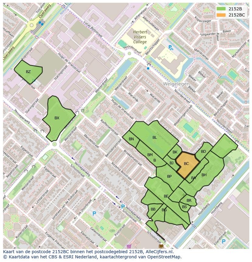 Afbeelding van het postcodegebied 2152 BC op de kaart.