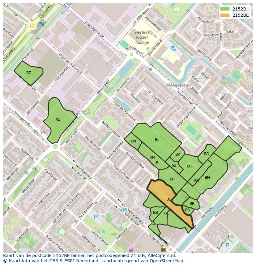 Afbeelding van het postcodegebied 2152 BE op de kaart.