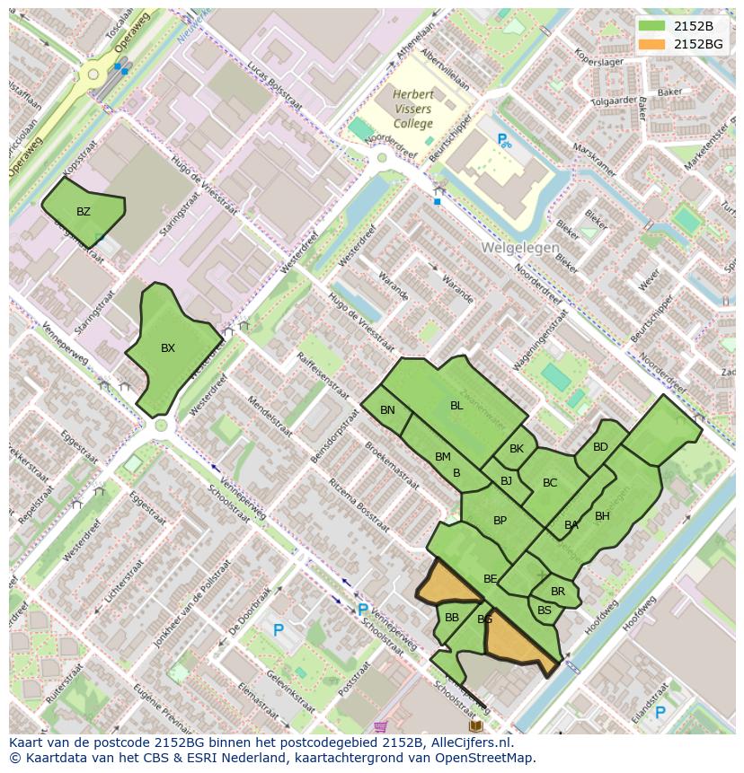 Afbeelding van het postcodegebied 2152 BG op de kaart.