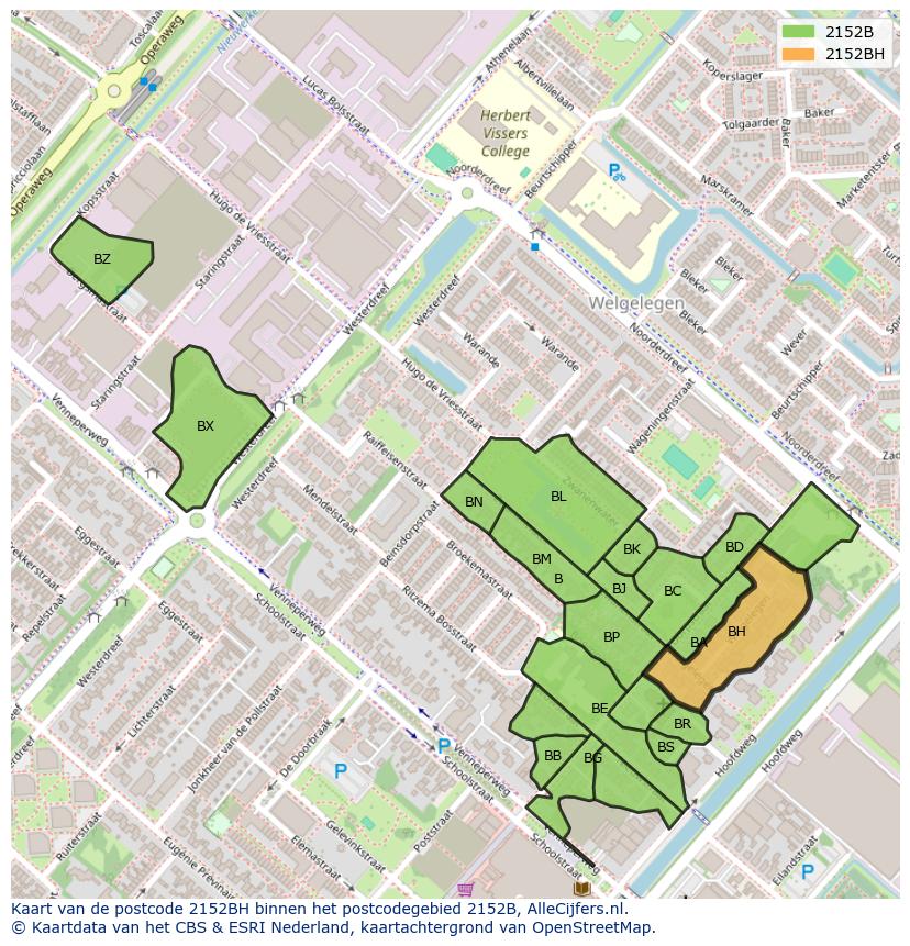Afbeelding van het postcodegebied 2152 BH op de kaart.